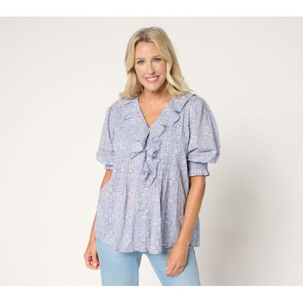 Ree by The Pioneer Woman Women's Top Sz M Pier Printed 100% Cotton Blue A701768